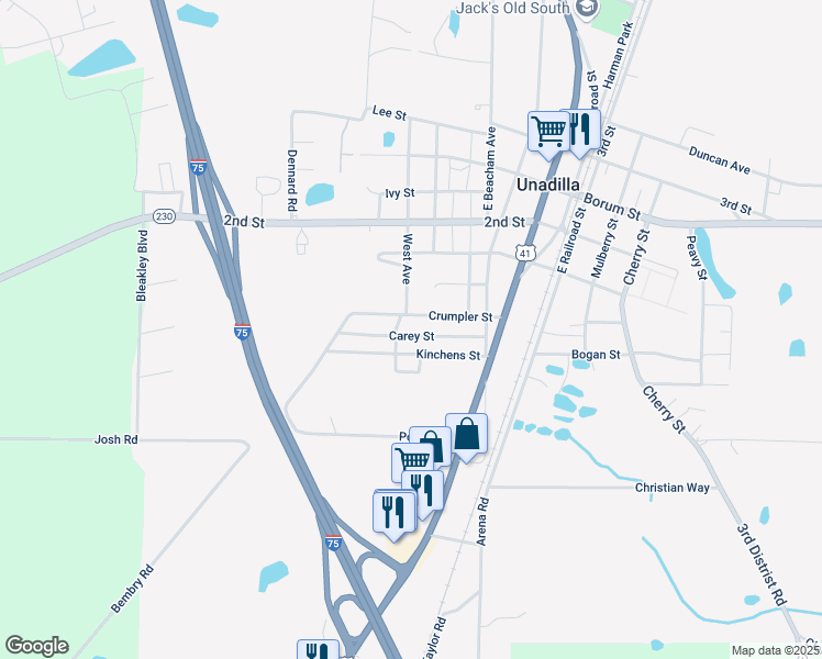map of restaurants, bars, coffee shops, grocery stores, and more near 365 Crumpler Street in Unadilla