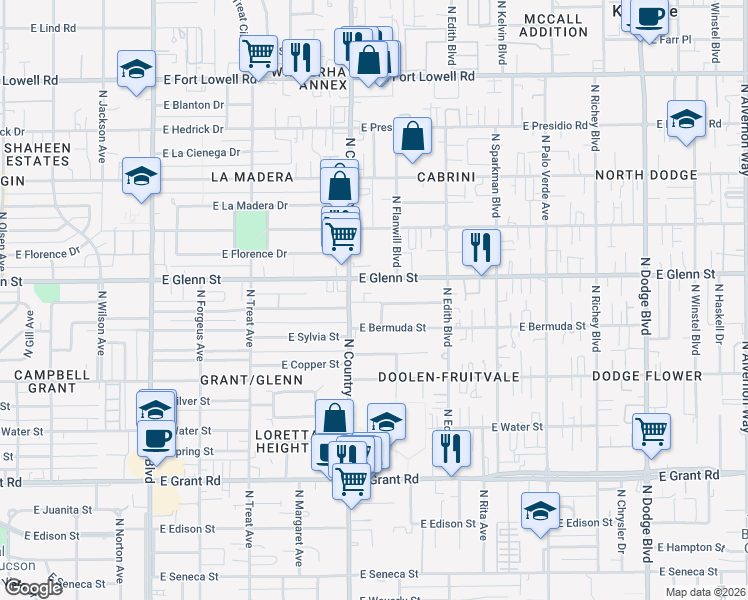 map of restaurants, bars, coffee shops, grocery stores, and more near 3100 East Glenn Street in Tucson