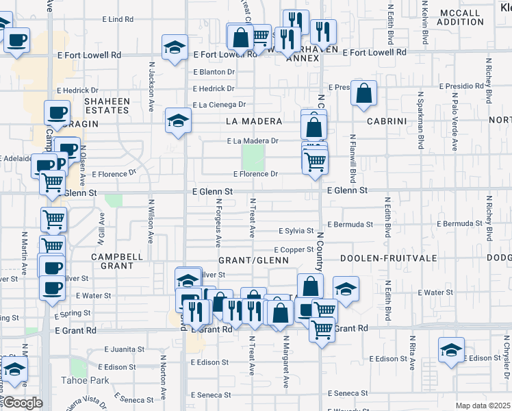map of restaurants, bars, coffee shops, grocery stores, and more near 2802 East Glenn Street in Tucson