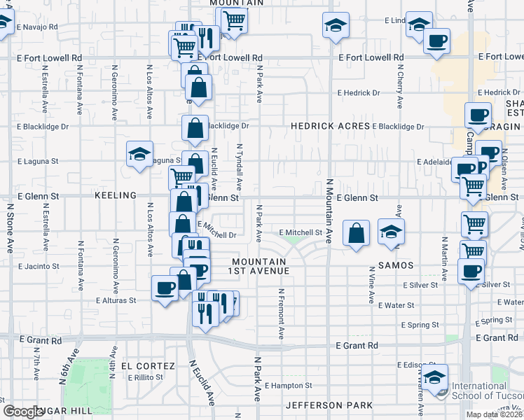 map of restaurants, bars, coffee shops, grocery stores, and more near 2800 North Park Avenue in Tucson