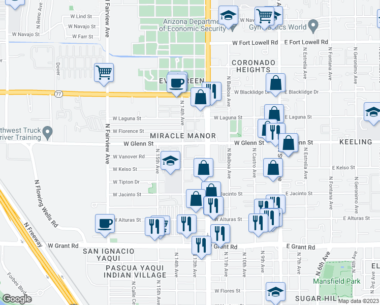 map of restaurants, bars, coffee shops, grocery stores, and more near 432 West Glenn Street in Tucson