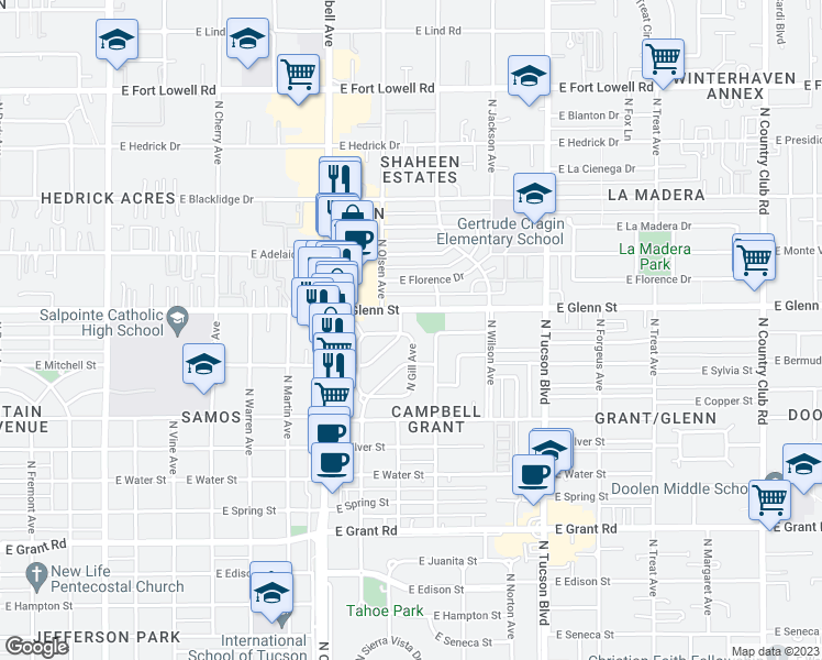 map of restaurants, bars, coffee shops, grocery stores, and more near 2109 East Calle Alta Vista in Tucson