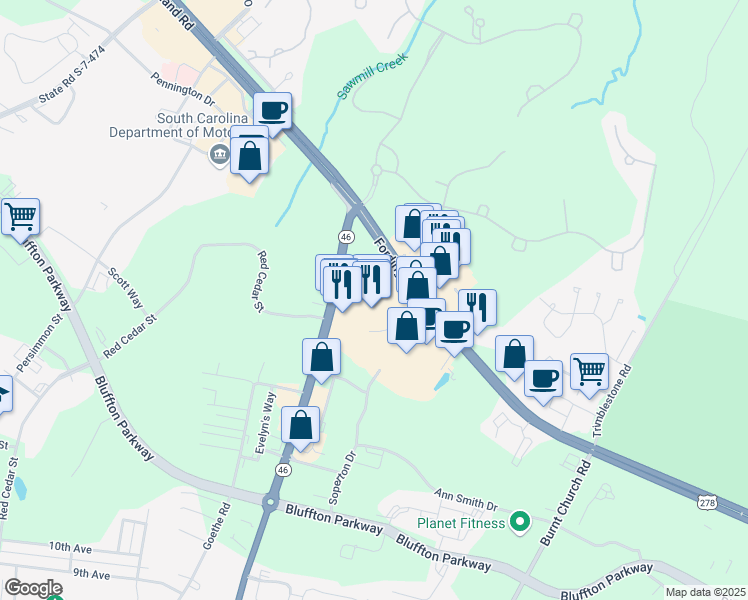 map of restaurants, bars, coffee shops, grocery stores, and more near 1008 Fording Island Road in Bluffton