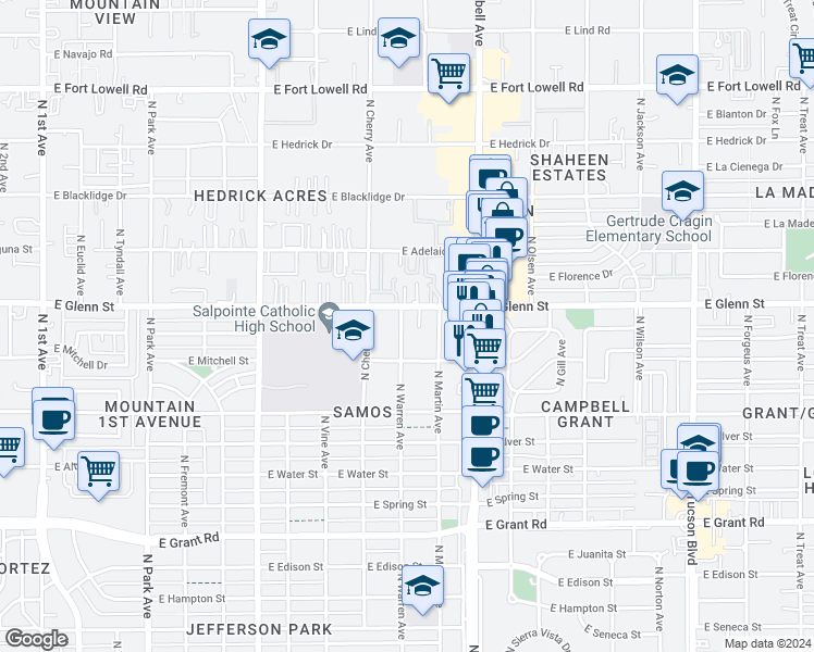 map of restaurants, bars, coffee shops, grocery stores, and more near 2746 N Warren Ave in Tucson