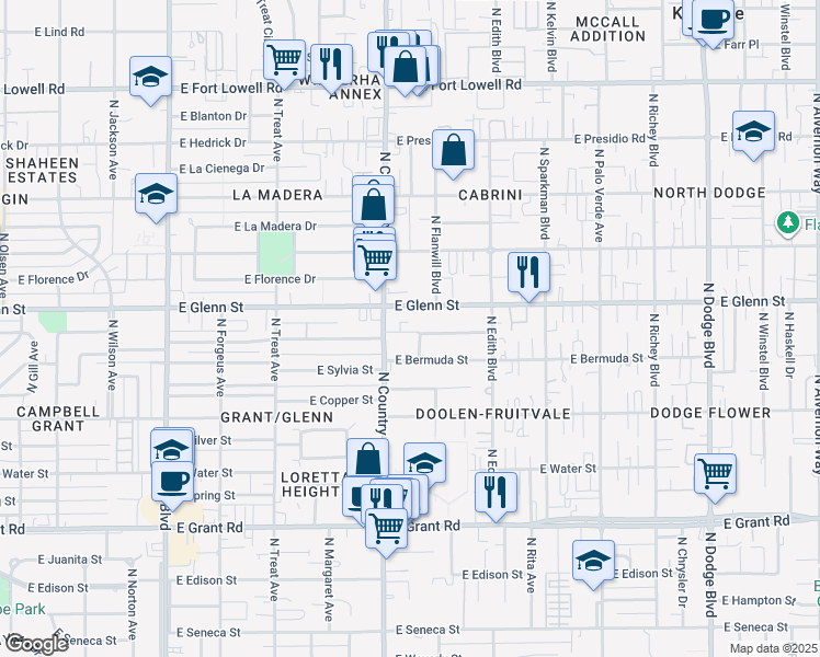 map of restaurants, bars, coffee shops, grocery stores, and more near 3100 East Glenn Street in Tucson