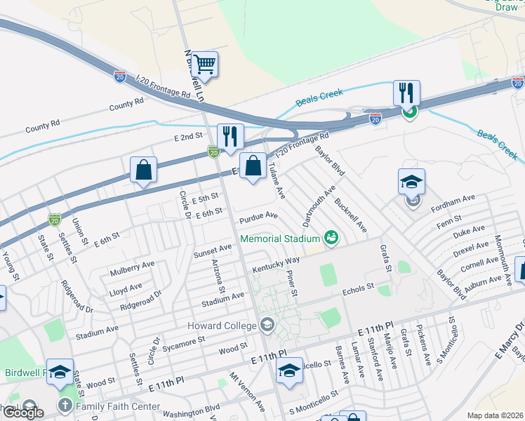 map of restaurants, bars, coffee shops, grocery stores, and more near 501 Birdwell Lane in Big Spring