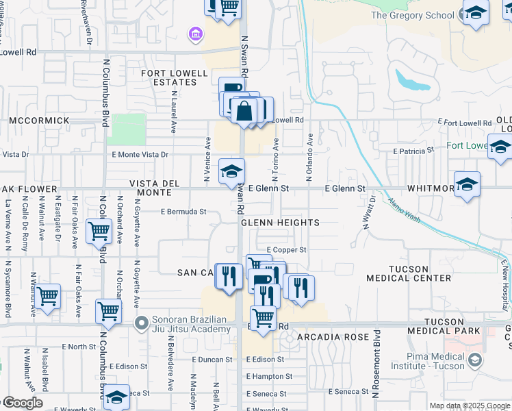 map of restaurants, bars, coffee shops, grocery stores, and more near in Tucson