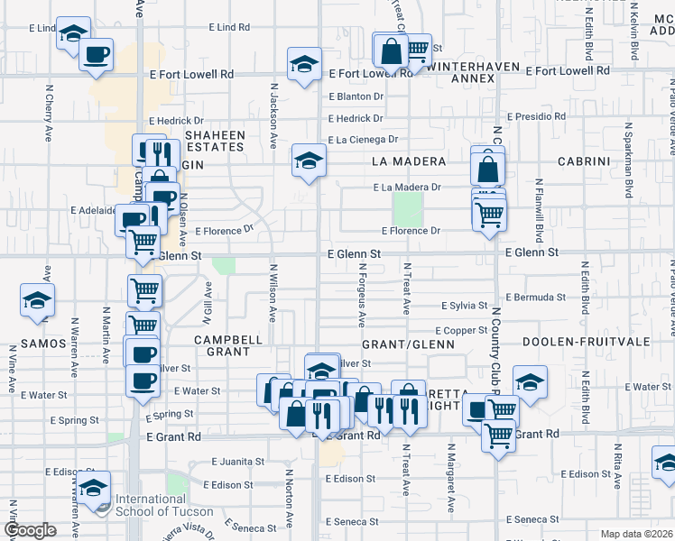 map of restaurants, bars, coffee shops, grocery stores, and more near 2538 East Glenn Street in Tucson