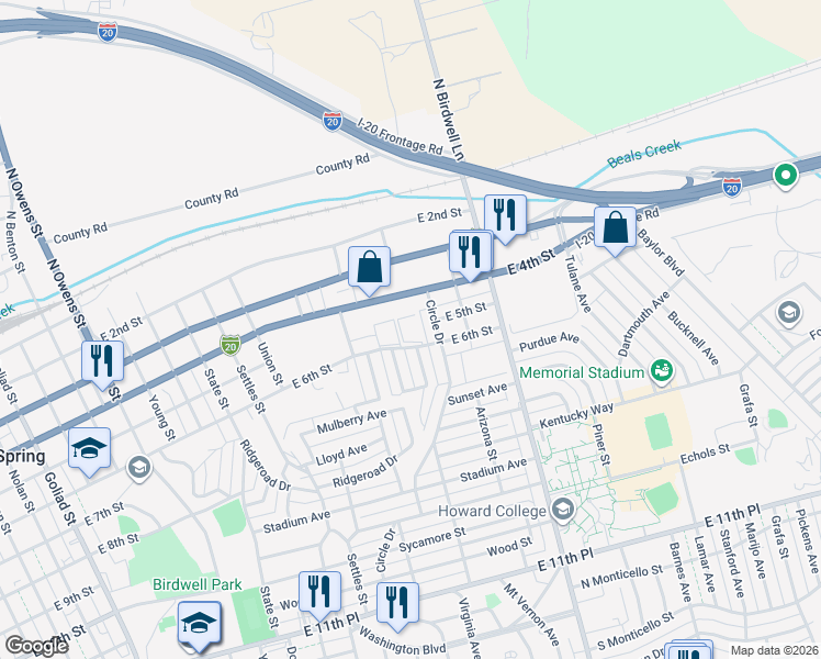 map of restaurants, bars, coffee shops, grocery stores, and more near 1304 East 4th Street in Big Spring