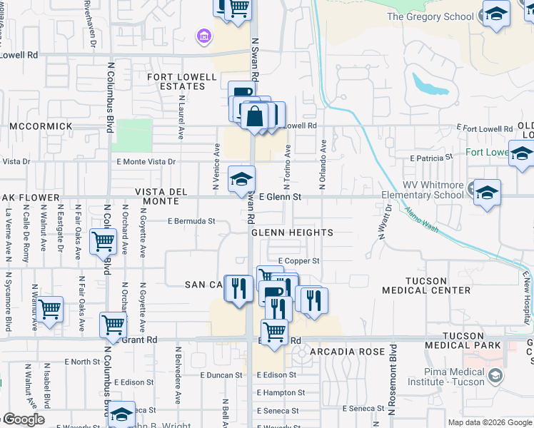 map of restaurants, bars, coffee shops, grocery stores, and more near in Tucson
