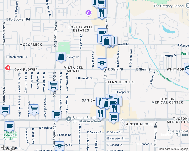 map of restaurants, bars, coffee shops, grocery stores, and more near 4548 East Glenn Street in Tucson