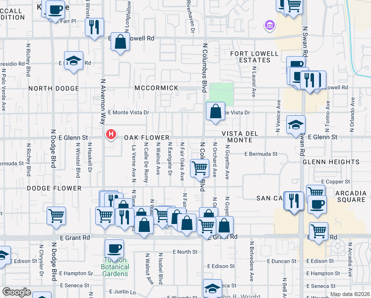 map of restaurants, bars, coffee shops, grocery stores, and more near in Tucson