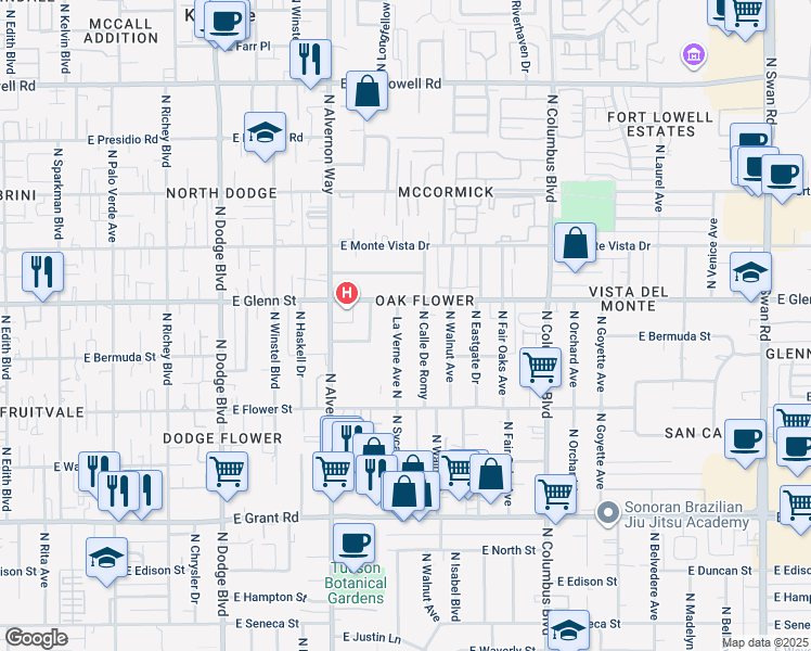 map of restaurants, bars, coffee shops, grocery stores, and more near 2762 La Verne Avenue North in Tucson