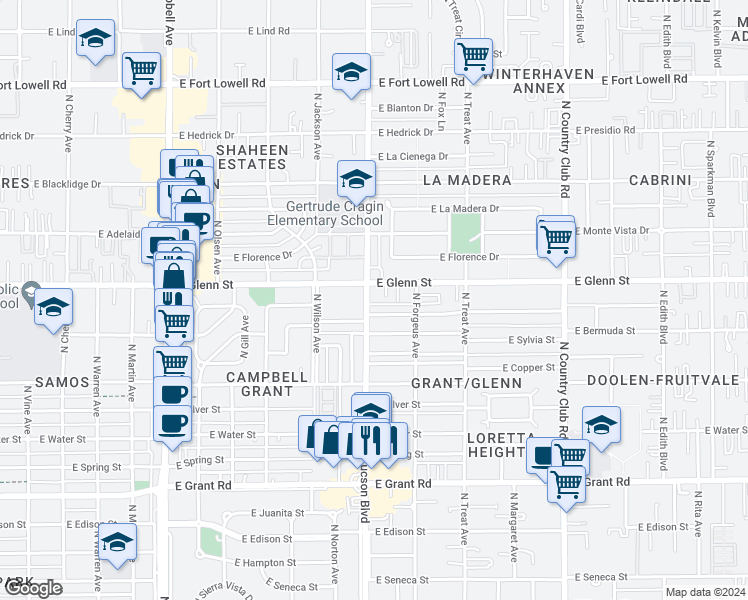 map of restaurants, bars, coffee shops, grocery stores, and more near in Tucson