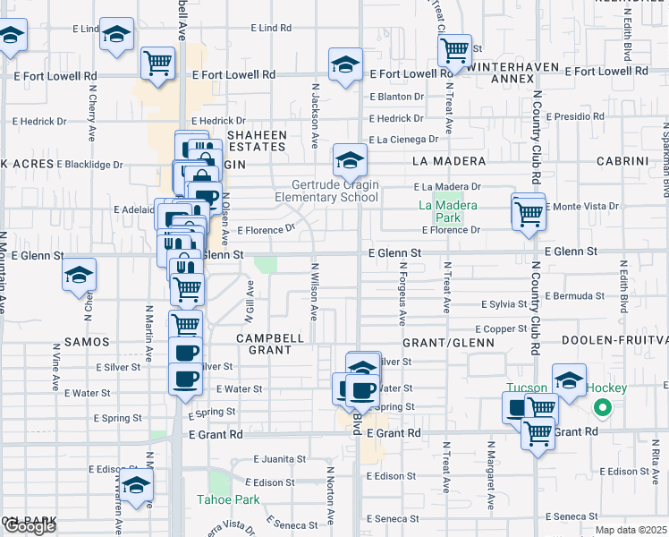 map of restaurants, bars, coffee shops, grocery stores, and more near 2302 East Glenn Street in Tucson