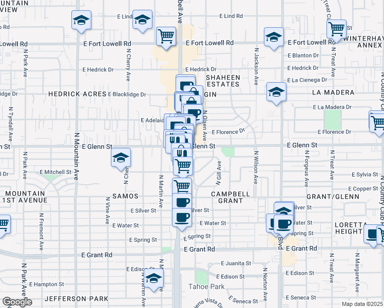 map of restaurants, bars, coffee shops, grocery stores, and more near 2754 North Campbell Avenue in Tucson