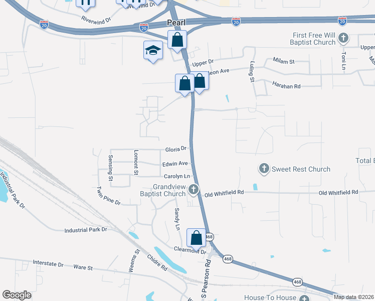 map of restaurants, bars, coffee shops, grocery stores, and more near 729 South Pearson Road in Pearl