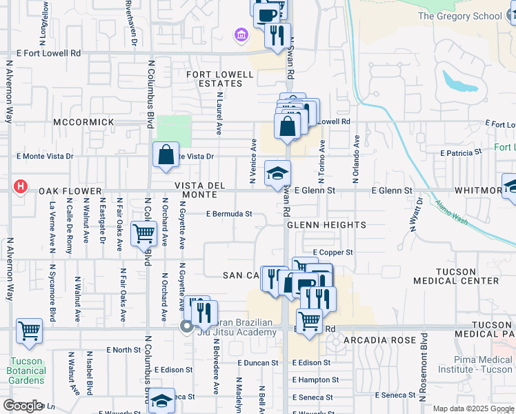 map of restaurants, bars, coffee shops, grocery stores, and more near 4548 East Glenn Street in Tucson