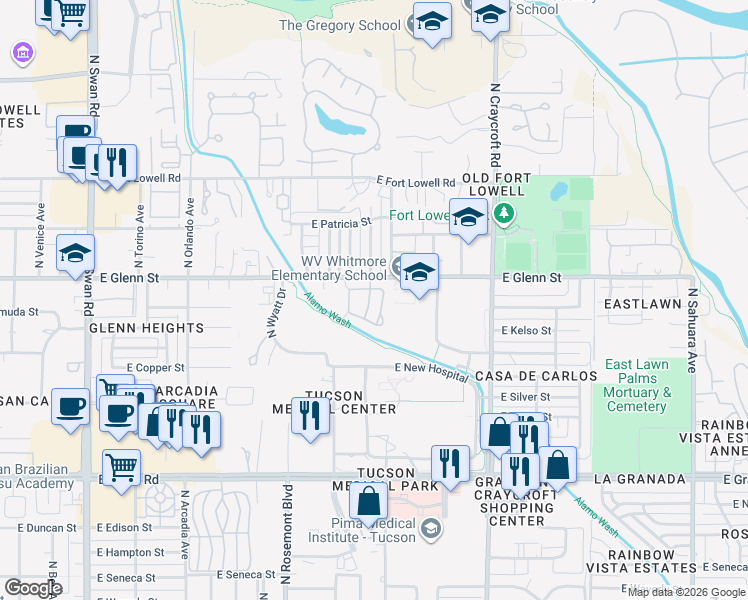 map of restaurants, bars, coffee shops, grocery stores, and more near 2732 North Beverly Avenue in Tucson