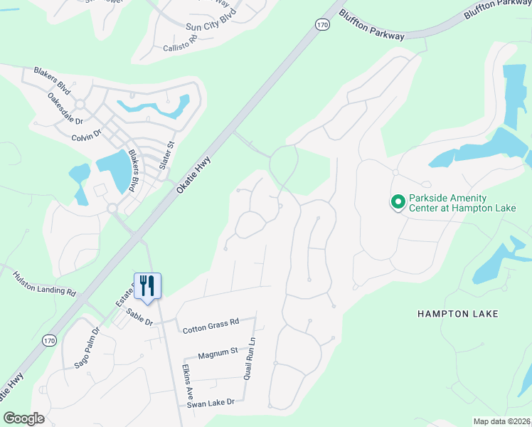 map of restaurants, bars, coffee shops, grocery stores, and more near 26 Lakes Crossing in Bluffton