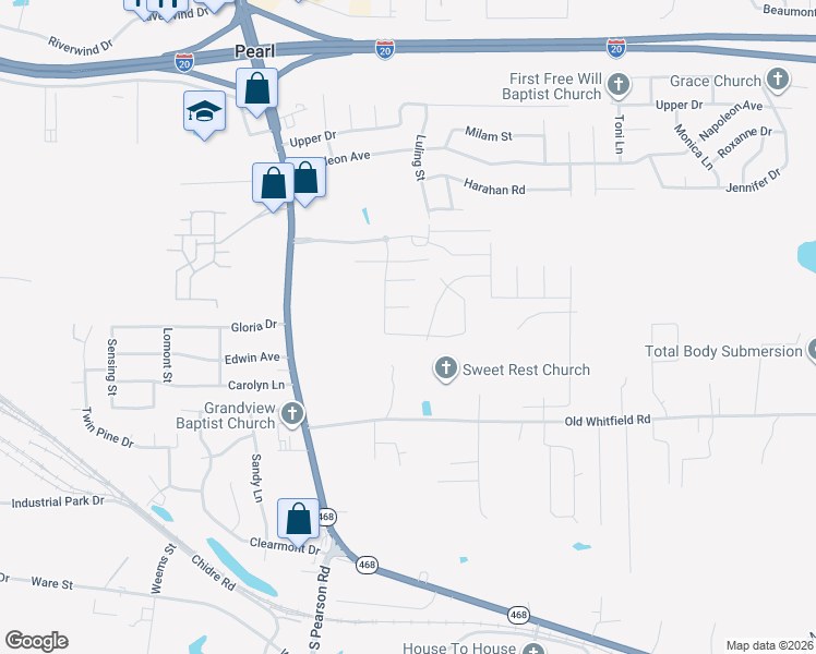 map of restaurants, bars, coffee shops, grocery stores, and more near 411 Poplar Boulevard in Pearl