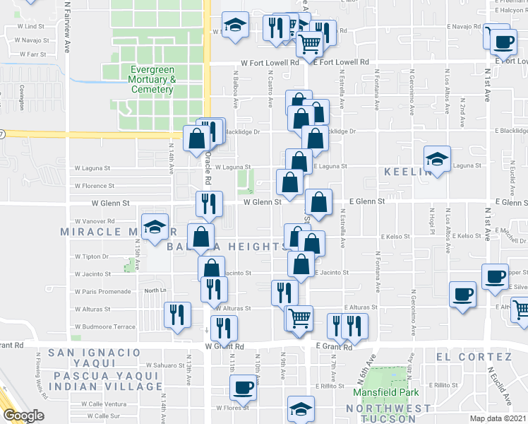 map of restaurants, bars, coffee shops, grocery stores, and more near 2747 North Castro Avenue in Tucson