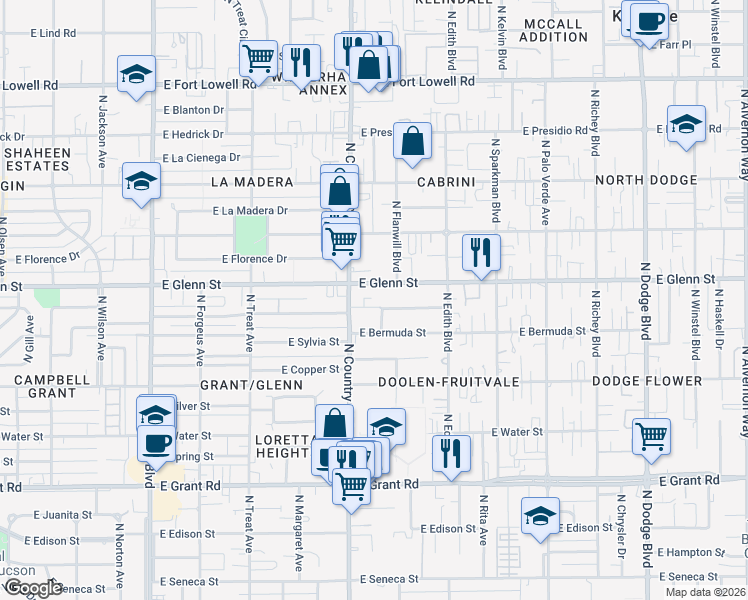 map of restaurants, bars, coffee shops, grocery stores, and more near 3100 East Glenn Street in Tucson