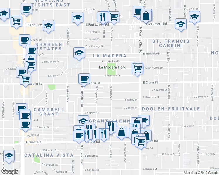 map of restaurants, bars, coffee shops, grocery stores, and more near 2802 East Glenn Street in Tucson