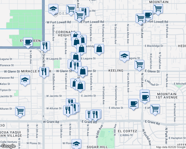 map of restaurants, bars, coffee shops, grocery stores, and more near 132 East Glenn Street in Tucson