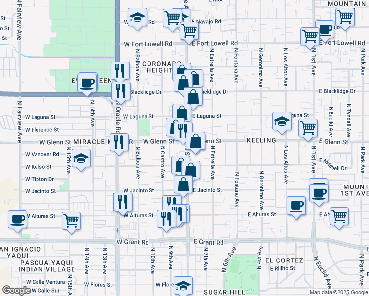 map of restaurants, bars, coffee shops, grocery stores, and more near 51 West Glenn Street in Tucson