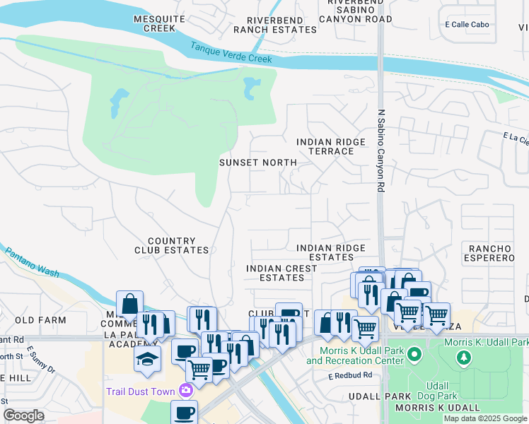 map of restaurants, bars, coffee shops, grocery stores, and more near 2799 North Indian Ruins Road in Tucson