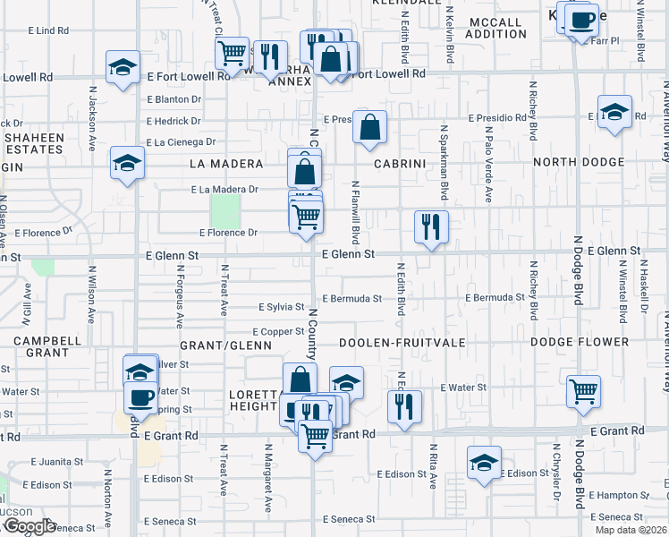 map of restaurants, bars, coffee shops, grocery stores, and more near 3100 East Glenn Street in Tucson