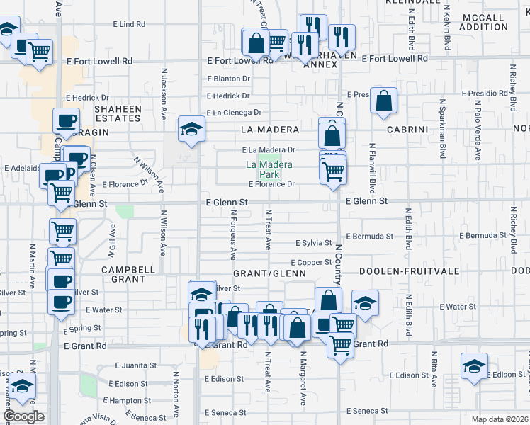 map of restaurants, bars, coffee shops, grocery stores, and more near 2802 East Glenn Street in Tucson