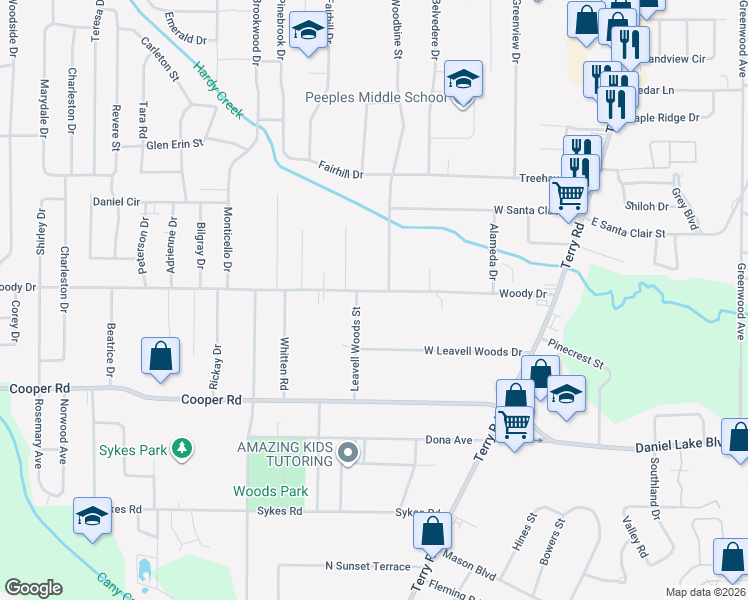 map of restaurants, bars, coffee shops, grocery stores, and more near 310 Woody Drive in Jackson