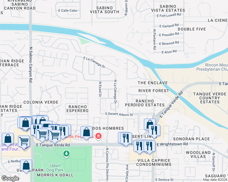 map of restaurants, bars, coffee shops, grocery stores, and more near 2761 Dos Mujeres Avenue in Tucson
