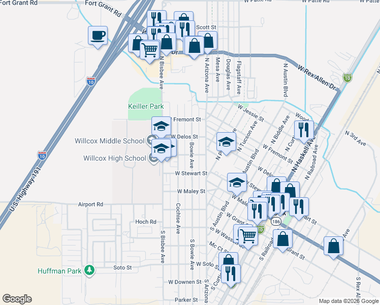 map of restaurants, bars, coffee shops, grocery stores, and more near 300 North Bowie Avenue in Willcox