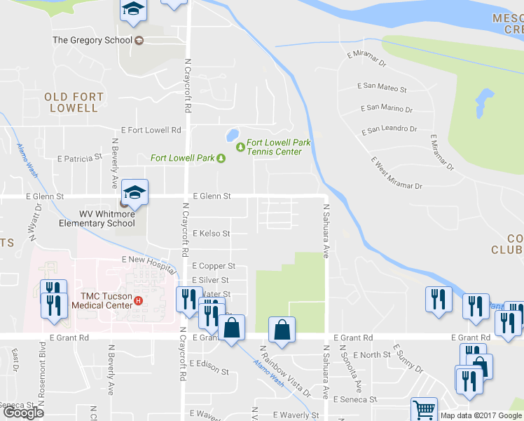 map of restaurants, bars, coffee shops, grocery stores, and more near 2757 North Neruda Lane in Tucson