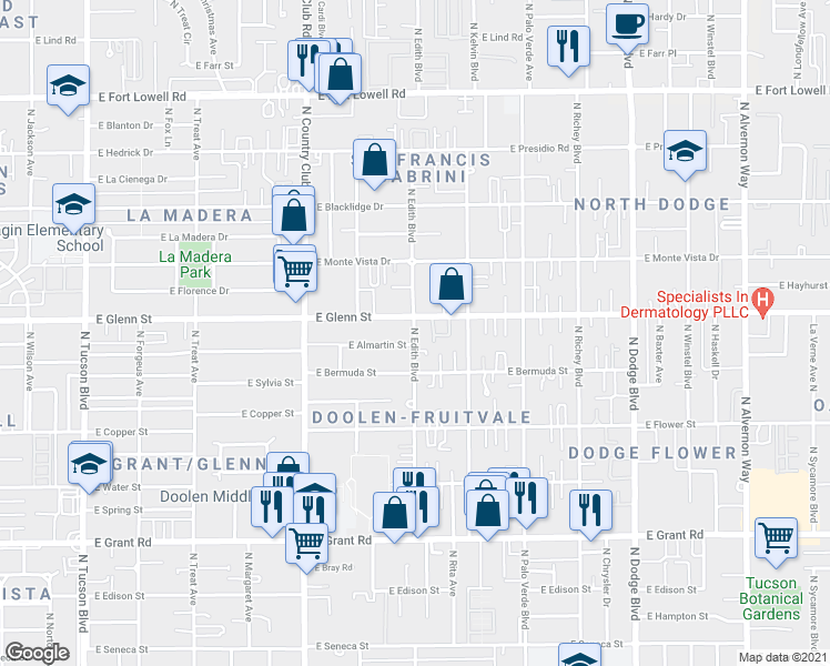 map of restaurants, bars, coffee shops, grocery stores, and more near 2763 North Edith Boulevard in Tucson