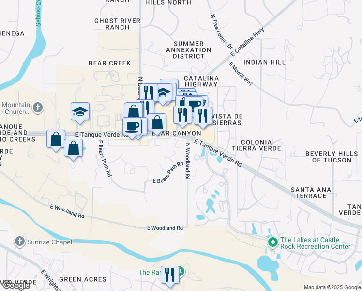map of restaurants, bars, coffee shops, grocery stores, and more near 9050 East Tanque Verde Road in Tucson