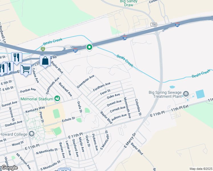 map of restaurants, bars, coffee shops, grocery stores, and more near 3300 Fordham Avenue in Big Spring