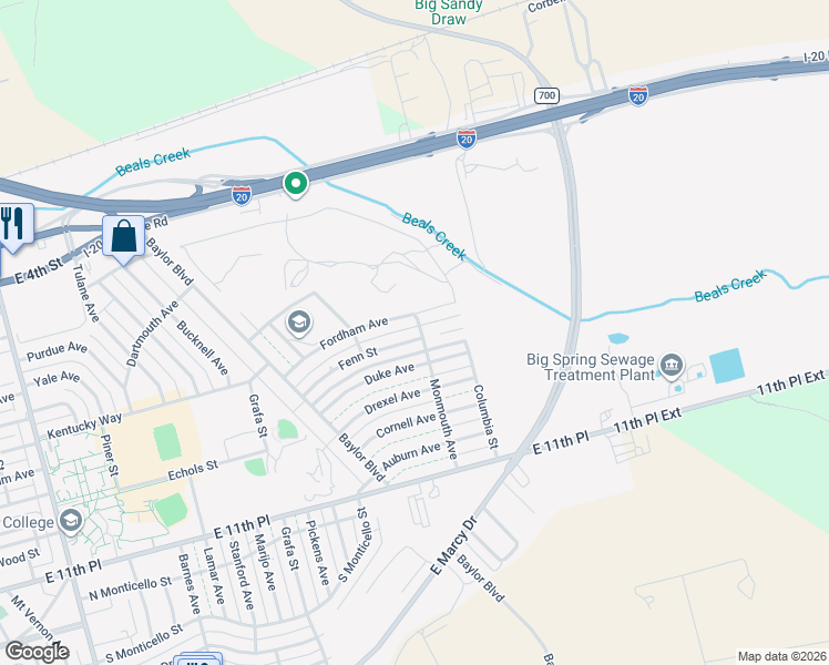 map of restaurants, bars, coffee shops, grocery stores, and more near Monmouth Avenue in Big Spring