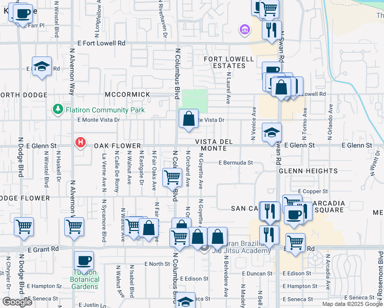map of restaurants, bars, coffee shops, grocery stores, and more near 4370 East Glenn Street in Tucson