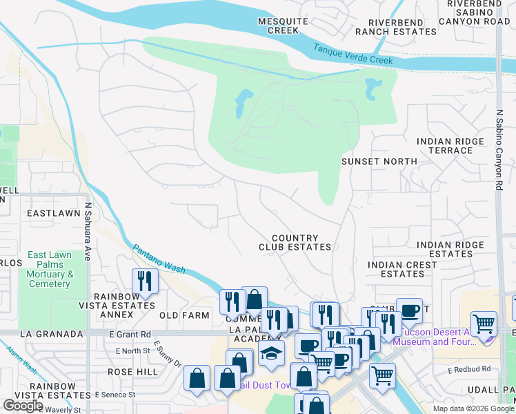 map of restaurants, bars, coffee shops, grocery stores, and more near 6426 East Santa Elena Street in Tucson