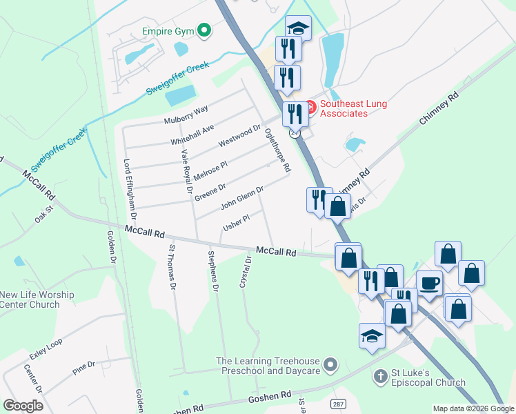map of restaurants, bars, coffee shops, grocery stores, and more near 100 Usher Place in Rincon