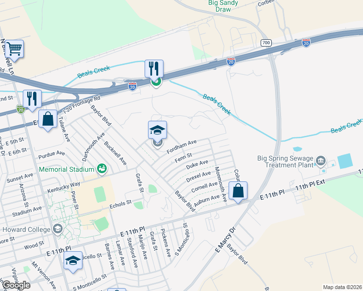 map of restaurants, bars, coffee shops, grocery stores, and more near 800-898 Marquette Ave in Big Spring