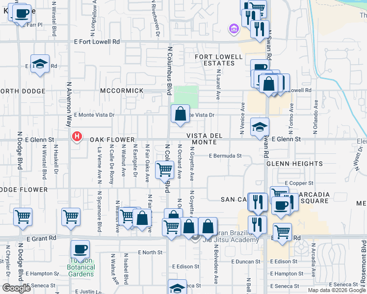 map of restaurants, bars, coffee shops, grocery stores, and more near 4370 East Glenn Street in Tucson
