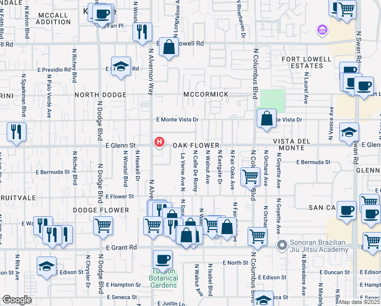 map of restaurants, bars, coffee shops, grocery stores, and more near 2762 La Verne Avenue North in Tucson