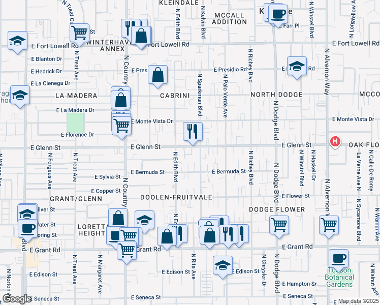 map of restaurants, bars, coffee shops, grocery stores, and more near 3322 East Popinac Loop in Tucson