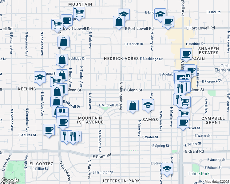 map of restaurants, bars, coffee shops, grocery stores, and more near 1132 East Glenn Street in Tucson