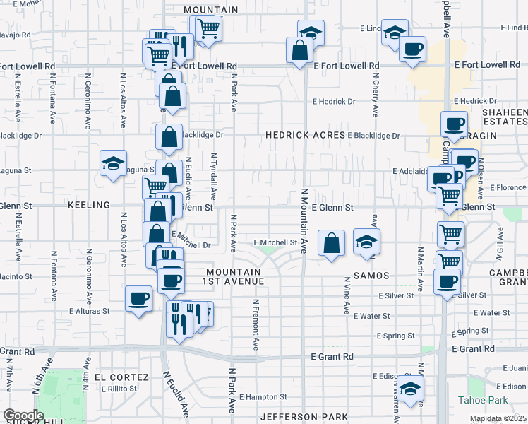 map of restaurants, bars, coffee shops, grocery stores, and more near 1058 East Glenn Street in Tucson